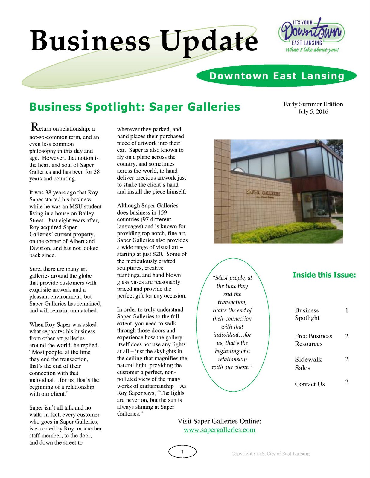 City of East Lansing
                                          Business Update Summer 2016
                                          newsletter