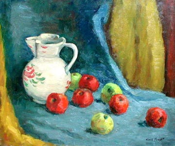 Decorated Pitcher with Green and Red Apples