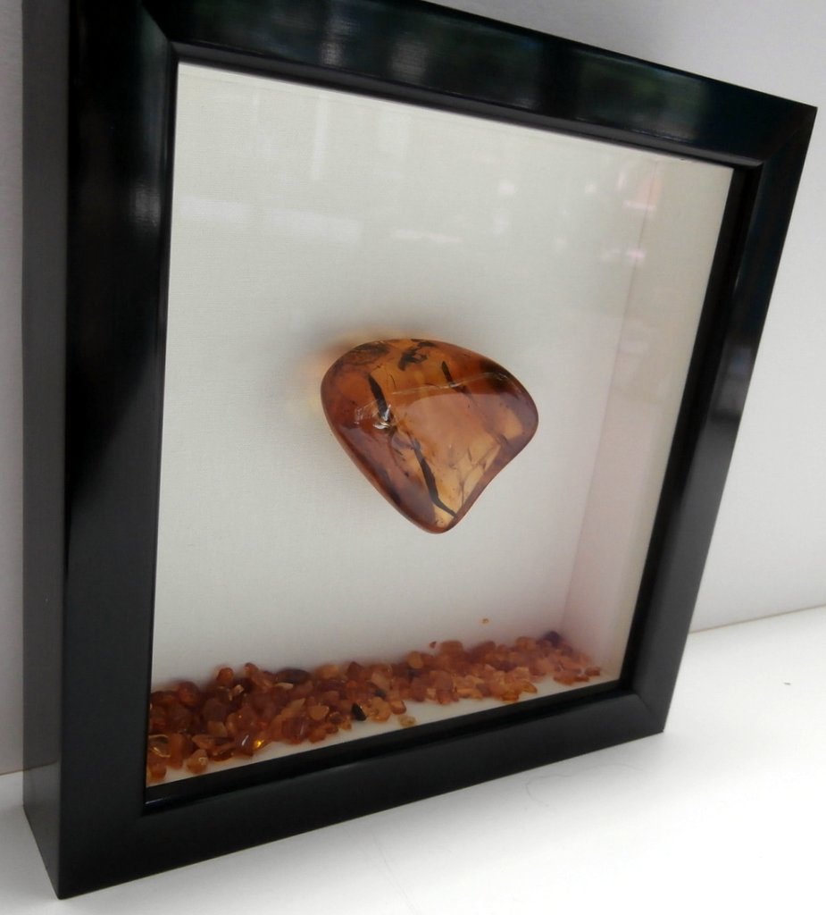 Shadow box frame
                containing amber