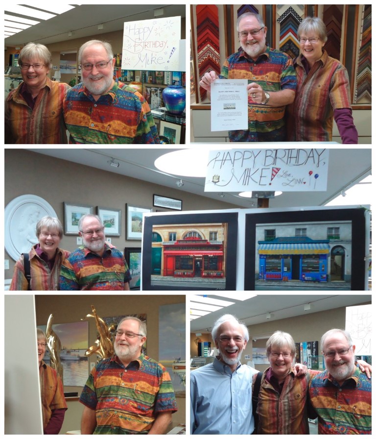 Mike receiving
                      birthday surprise at Saper Galleries