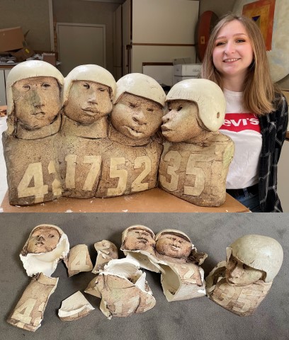 Repaired broken heads ceramic
                                  sculpture
