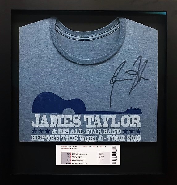 James
                Taylor shirt and ticket in shadow box frame