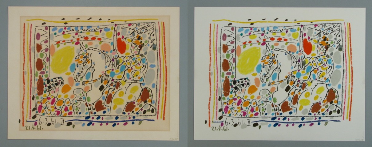 Picasso lithograph
                before and after cleaning