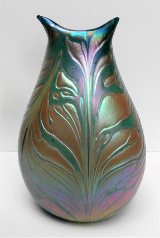 Feathered green and gold pouch vase