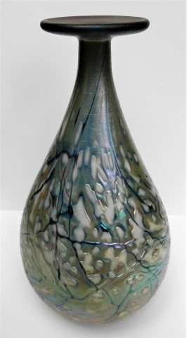 Extended narrow neck white forms purple rim
                      vase